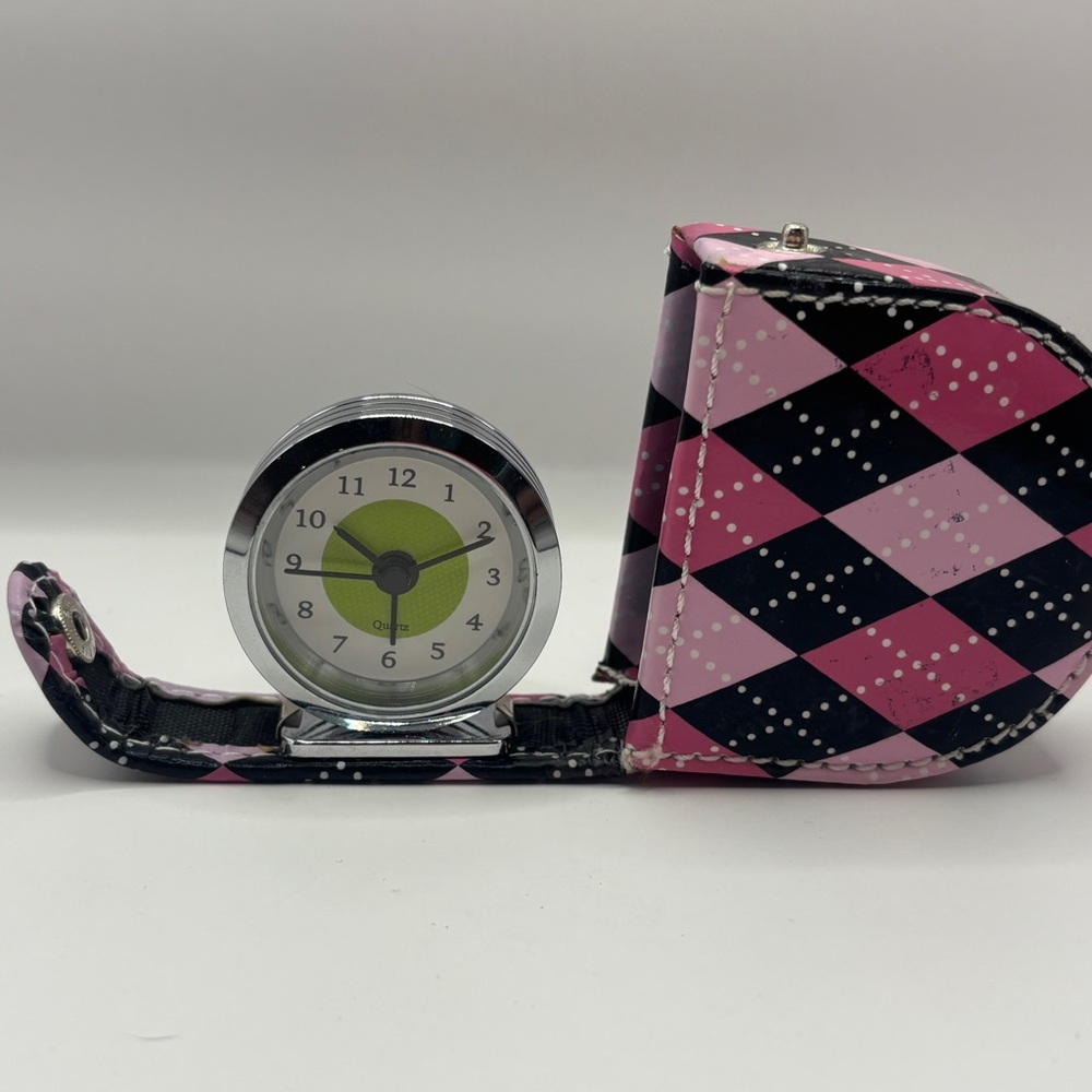 Travel Clock Pink and Black Argyle